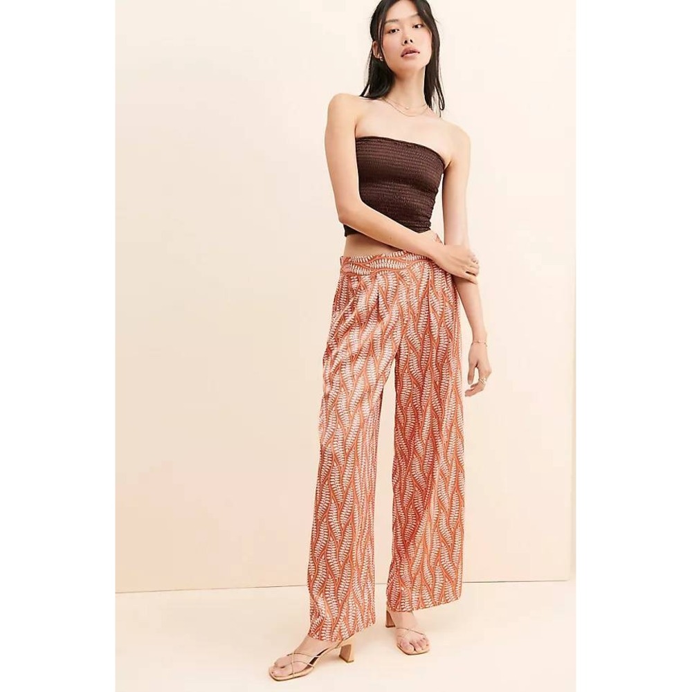 Hutch Pleated High Rise Satin Wide‎ Leg Pants Floral Orange Pink Medium